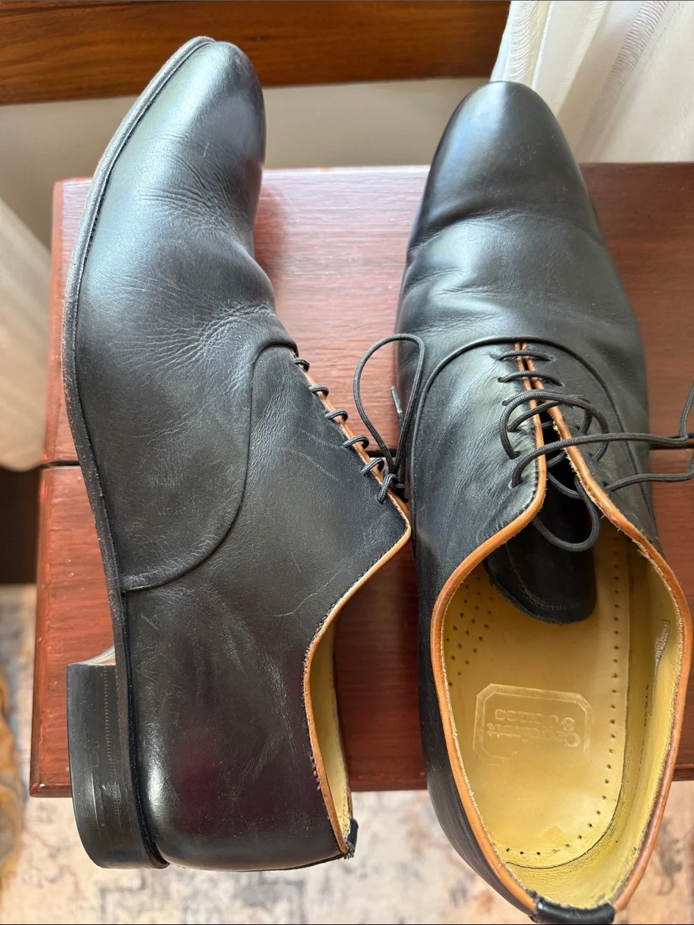 Crockett & Jones oxfords. Men's Black Leather Lace-Up Dress Shoes w/ Brown Trim - Picture 8 of 10
